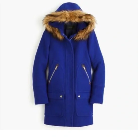 J. Crew Chateau Italian Stadium Cloth Wool Fur Parka Regal Brunswick Blue Size 2 - Picture 6 of 16